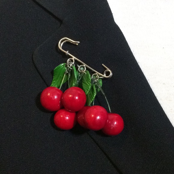 Gorgeous, handmade retro style red cherries pin - Picture 1 of 3